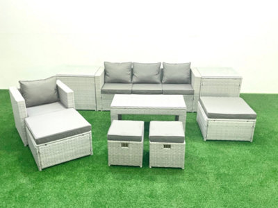 Fimous Rattan Garden Furniture Set Outdoor Lounger Sofa Coffee Table 4 Stools 2 Side Tables Light/Grey