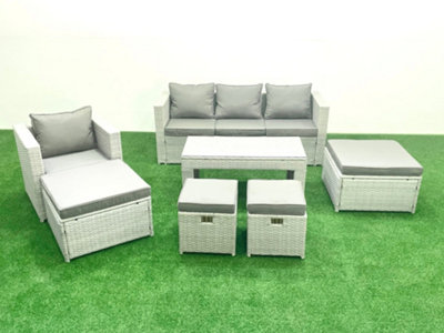B&Q -  Rattan Garden Furniture Set Outdoor Lounger Sofa Coffee Table 4 Stools Light Grey