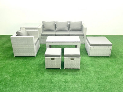 Fimous Rattan Garden Furniture Set Outdoor Lounger Sofa Coffee Table 3 Stools Side Table Light/Grey