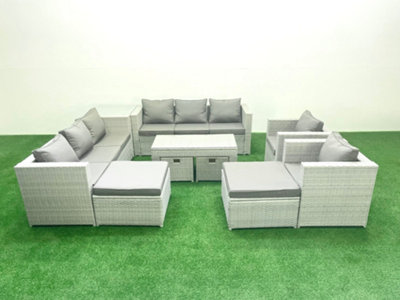 Fimous Rattan Garden Furniture Set Outdoor Lounger Sofa Coffee Table 4 Stools Side Table Light/Grey