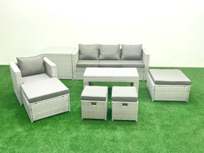 Fimous Rattan Garden Furniture Set Outdoor Lounger Sofa Coffee Table 4 Stools Side Table 8 Seater Light/Grey
