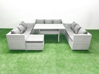 Fimous Rattan Garden Outdoor Furniture Set 10 Seater Garden Sofa Rectangulr Dining Table Set Big Stool Light/Grey