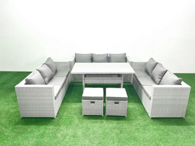 Fimous Light/Grey Rattan Garden Outdoor Furniture Set 11 Seater Garden Sofa Rectangulr Dining Table Set 2 Stool Small