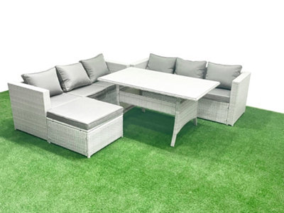 Fimous Rattan Garden Furniture Set 7 Seater Outdoor Sofa Set Dining Table Big Stool Light/Grey