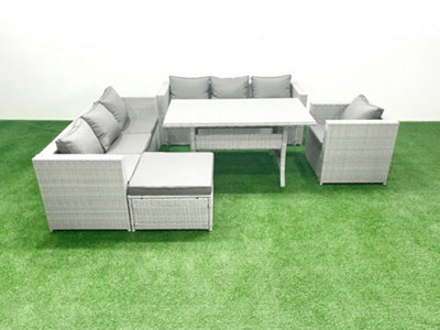 Fimous 5 Pieces Outdoor Rattan Sofa Set Cushions Patio Garden Furniture Sets Armchair Dining Table Big Stool