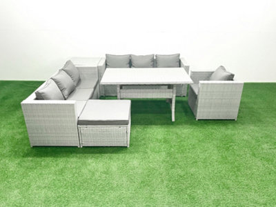 B&Q -  6 Pieces Outdoor Rattan Sofa Set Cushions Patio Garden Furniture Sets Armchair Dining Table Side Table Big Stool