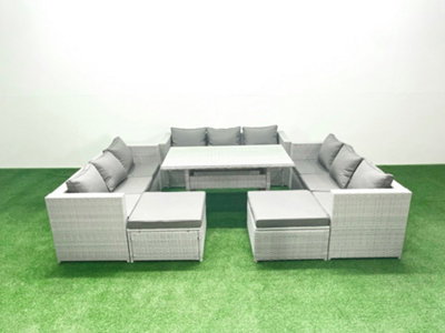Fimous Rattan Garden Outdoor Furniture Set 11 Seater Garden Sofa Rectangulr Dining Table Set 2 Big Stools Light Grey from B&Q
