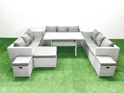 Fimous Rattan Garden Outdoor Furniture Set 12 Seater Garden Sofa Rectangulr Dining Table Set 3 Stools Side Table Light/Grey