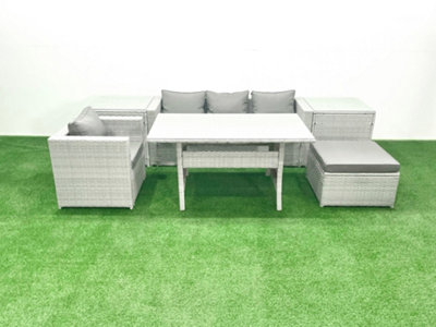 Fimous Rattan Garden Furniture Dining Set 5 Seater Lounge Sofa Chair Dining Table Set Big Stool Light/Grey