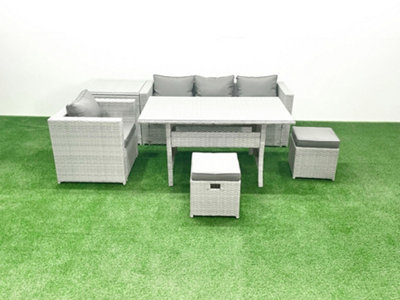 Fimous Rattan Garden Furniture Dining Set 6 Seater Lounge Sofa Chair Dining Table Set 2 Small Stools Side Table Light Grey from B&Q