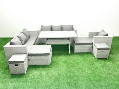 Fimous Rattan Garden Furniture Dining Set 11 Seater Lounge Sofa Chair Dining Table Set 4 Stools Light/Grey