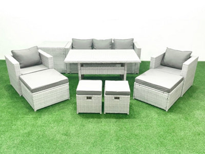 B&Q -  Rattan Garden Furniture Set Outdoor 9 Seater Patio Dining Sets Glass Top Dining Table And Side Table Light Grey