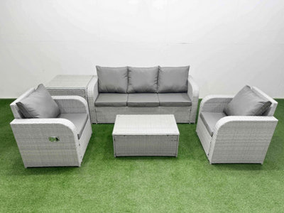 Fimous Pe Rattan Garden Furniture Set Reclining Chair Lounge Sofa Set Oblong Coffee Table Side Table Light/Grey