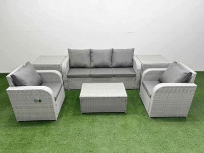 Fimous Pe Rattan Garden Furniture Set Reclining Chair Lounge Sofa Set Oblong Coffee Table 2 Side Table Light Grey from B&Q