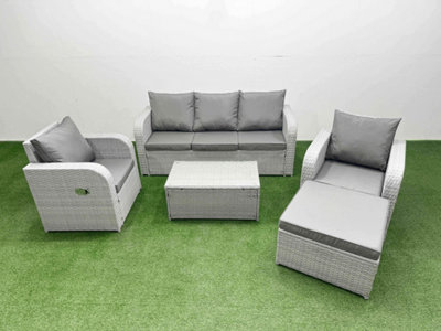 Fimous Pe Rattan Garden Furniture Set Reclining Chair Lounge Sofa Set Oblong Coffee Table Big Footstool Light Grey from B&Q