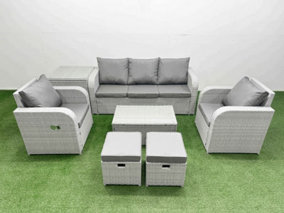 Fimous Pe Rattan Garden Furniture Set Reclining Chair Lounge Sofa Set Oblong Coffee Table Side Table 2 Small Stools Light Grey from B&Q