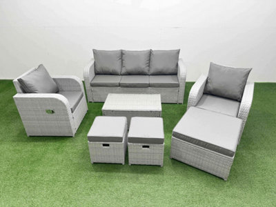 Fimous Pe Rattan Garden Furniture Set Reclining Chair Lounge Sofa Set Oblong Coffee Table 3 Stools Light Grey
