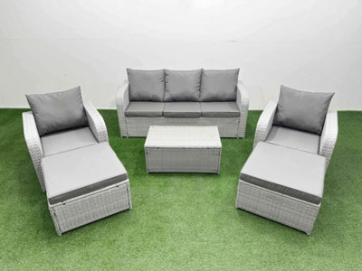 Fimous Pe Rattan Garden Furniture Set Reclining Chair Lounge Sofa Set Oblong Coffee Table 2 Big Footstool Light Grey from B&Q