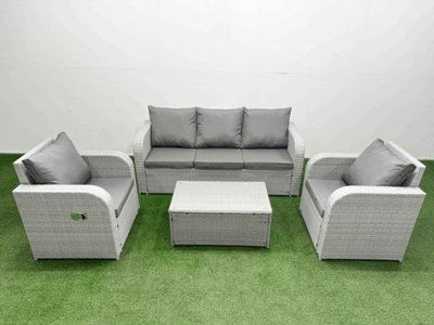 Fimous Light/Grey Pe Rattan Garden Furniture Set Reclining Chair Lounge Sofa Set Oblong Coffee Table