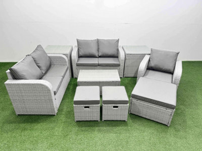 Fimous High Back Poly Rattan Garden Furniture Set Reclining Chair Loveseat Sofa Coffee Table Indoor Outdoor Set 3 Stools