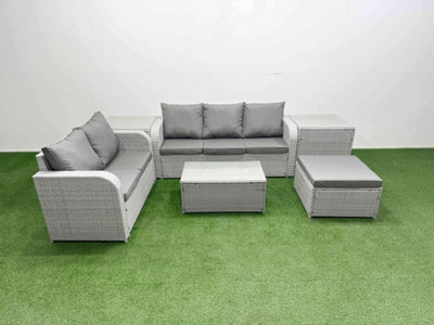 Fimous 6 Seater Rattan Wicker Garden Furniture Set Rectangular Coffee Table 3 Seater Sofa Love Sofa Big Footstool