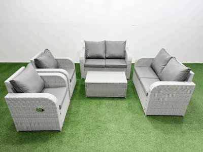 B&Q -  6 Seater Outdoor Reclining Chair Love Sofa Set Rattan Garden Furniture Set Rectangular Coffee Table Light Grey