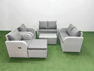 B&Q -  7 Seater Outdoor Reclining Chair Love Sofa Set Rattan Garden Furniture Set Rectangular Coffee Table Footstool Light Grey