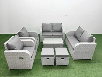 B&Q -  8 Seater Outdoor Reclining Chair Love Sofa Set Rattan Garden Furniture Set Rectangular Coffee Table 2 Stools Light Grey