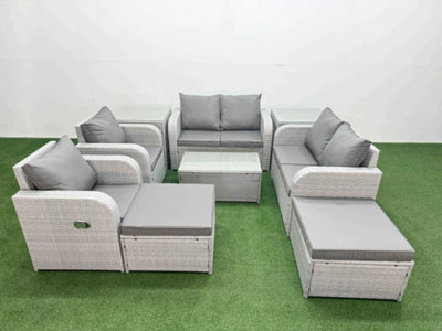 Fimous 8 Seater Outdoor Reclining Chair Love Sofa Set Rattan Garden Furniture Set Coffee Table 2 Big Footstools 2 Side Table from B&Q