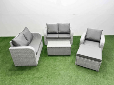Fimous High Back Poly Rattan Garden Furniture Set Reclining Chair Loveseat Sofa Coffee Table Indoor Outdoor Set Big Stool