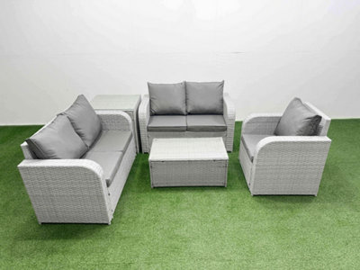 Fimous High Back Poly Rattan Garden Furniture Set Reclining Chair Loveseat Sofa Coffee Table Indoor Outdoor Set Side Table