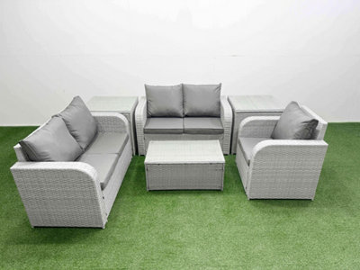 B&Q -  High Back Poly Rattan Garden Furniture Set Reclining Chair Loveseat Sofa Coffee Table Indoor Outdoor Set 2 Side Table