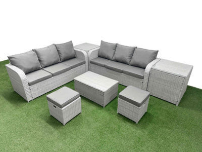 Fimous 8 Seater Wicker Rattan Furniture Sofa Sets Rectangular Coffee Table High Back Lounge Sofa Stools 2 Side Table Light Grey from B&Q