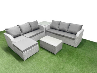 B&Q -  7 Seater Wicker Rattan Furniture Sofa Sets Rectangular Coffee Table High Back Lounge Sofa Big Footstool Side Table