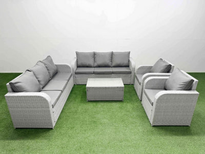Fimous Pe Rattan High Back Lounge Sofa Set Coffee Table & Chairs Set 3 Seater Sofa Reclining Chair Light/Grey