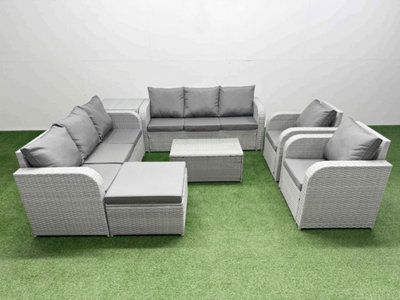 Fimous Pe Rattan High Back Lounge Sofa Set Coffee Table & Chairs Set 3 Seater Sofa Reclining Chair Big Footstool Side Table