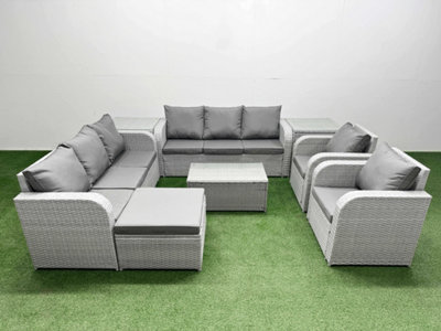 Fimous Pe Rattan High Back Lounge Sofa Set Coffee Table & Chair Set 3 Seater Sofa Reclining Chair Big Footstool 2 Side Table
