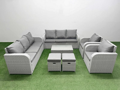 Fimous Pe Rattan High Back Lounge Sofa Set Coffee Table & Chairs Set 3 Seater Sofa Reclining Chair Stools Light/Grey