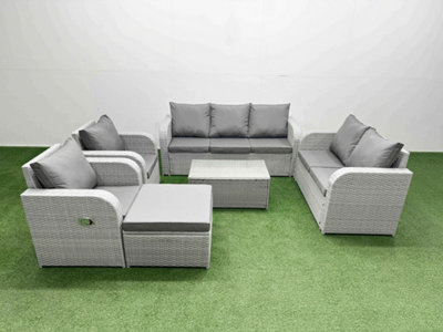 Fimous Pe Rattan Garden Furniture Set Adjustable Chair Sofa 2 Seater Sofa Lounge Set Oblong Coffee Table Big Footstool Light/Grey