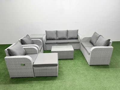 Fimous Pe Rattan Garden Furniture Set Adjustable Chair Sofa 2 Seater Sofa Lounge Set Oblong Coffee Table Big Stool Side Table