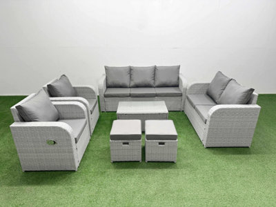 Fimous Pe Rattan Garden Furniture Set Adjustable Chair Sofa 2 Seater Sofa Lounge Set Oblong Coffee Table 2 Stools Light Grey