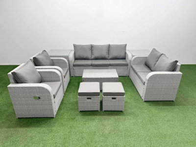 Fimous Pe Rattan Garden Furniture Set Adjustable Chair Sofa 2 Seater Sofa Lounge Set Oblong Coffee Table 2 Stools 2 Side Table
