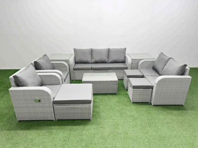 Fimous Pe Rattan Garden Furniture Set Adjustable Chair 2 Seater Sofa Lounge Set Oblong Coffee Table 3 Stools 2 Side Table