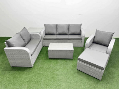 Fimous Pe Wicker 7 Seater Outdoor Rattan Furniture Sofa Sets Rectangular Coffee Table Reclining Chair Footstool Side Table