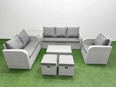 Fimous Pe Wicker 8 Seater Outdoor Rattan Furniture Sofa Sets Rectangular Coffee Table Reclining Chair Stool Side Table