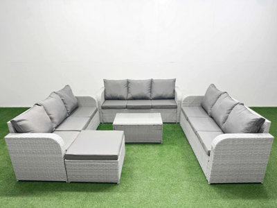 Fimous Pe Rattan Lounge Sofa Set 10 Seater Rectangular Coffee Table 3 Seater Sofa Big Footstool Light/Grey