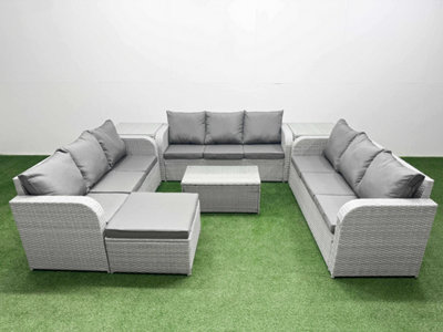 B&Q -  Pe Rattan Lounge Sofa Set 10 Seater Rectangular Coffee Table 3 Seater Sofa Big Footstool 2 Side Table Light Grey