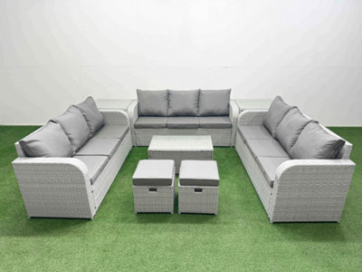 Fimous Pe Rattan Lounge Sofa Set 11 Seater Rectangular Coffee Table 3 Seater Sofa 2 Stools 2 Side Table Light/Grey