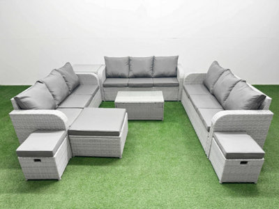 Fimous Pe Rattan Lounge Sofa Set 12 Seater Rectangular Coffee Table 3 Seater Sofa 3 Stools Side Table Light/Grey