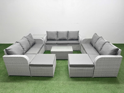 B&Q -  Pe Rattan Lounge Sofa Set 11 Seater Rectangular Coffee Table 3 Seater Sofa 2 Big Footstools Side Table Light Grey